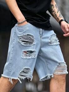 Manfinity LEGND Men's Summer Casual Washed Distressed Denim Shorts - Light Wash - View 1