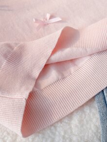 SHEIN 8-12歲女孩淺粉色圓領寬鬆落肩短版針織毛衣，滿版3D緞面蝴蝶結裝飾長袖套頭上衣，柔軟甜美，適合校園、外出、拍照，春秋穿著 - 粉色 - 查看 8