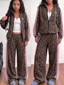 Tween Girls 2pcs Leopard Print Sweatshirt Set, Loose Collar Zip-Up Sweatshirt + Long Sweatpants, Fashionable Spring/Autumn/Winter New Arrival, Girls Outerwear Set - Multicolor - View 1