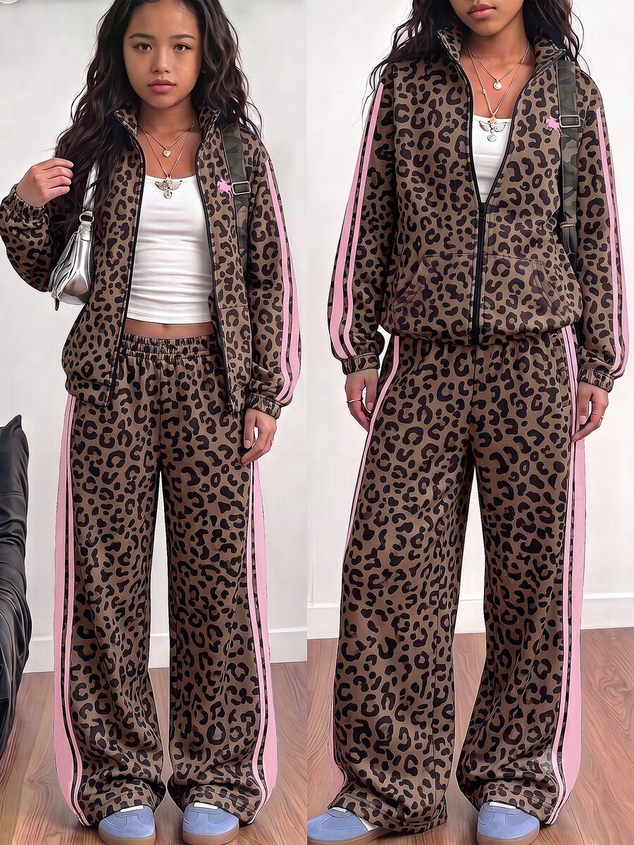 Tween Girls 2pcs Leopard Print Sweatshirt Set, Loose Collar Zip-Up Sweatshirt + Long Sweatpants, Fashionable Spring/Autumn/Winter New Arrival, Girls Outerwear Set - Multicolor - View 1