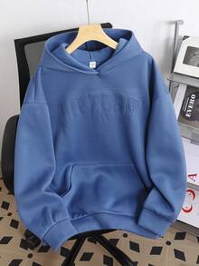 SHEIN 青少年女孩秋冬抓絨內裡極簡時尚3D壓花連帽長袖衛衣，適合返校日常穿著 - 霧霾藍 - 查看 3