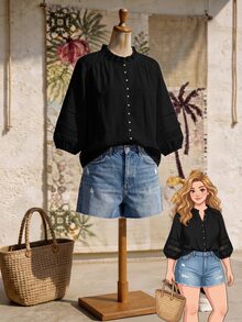 Rusticease Blus Kasual Liburan Ukuran Besar Warna Polos Lengan Lentera - Hitam - View 1