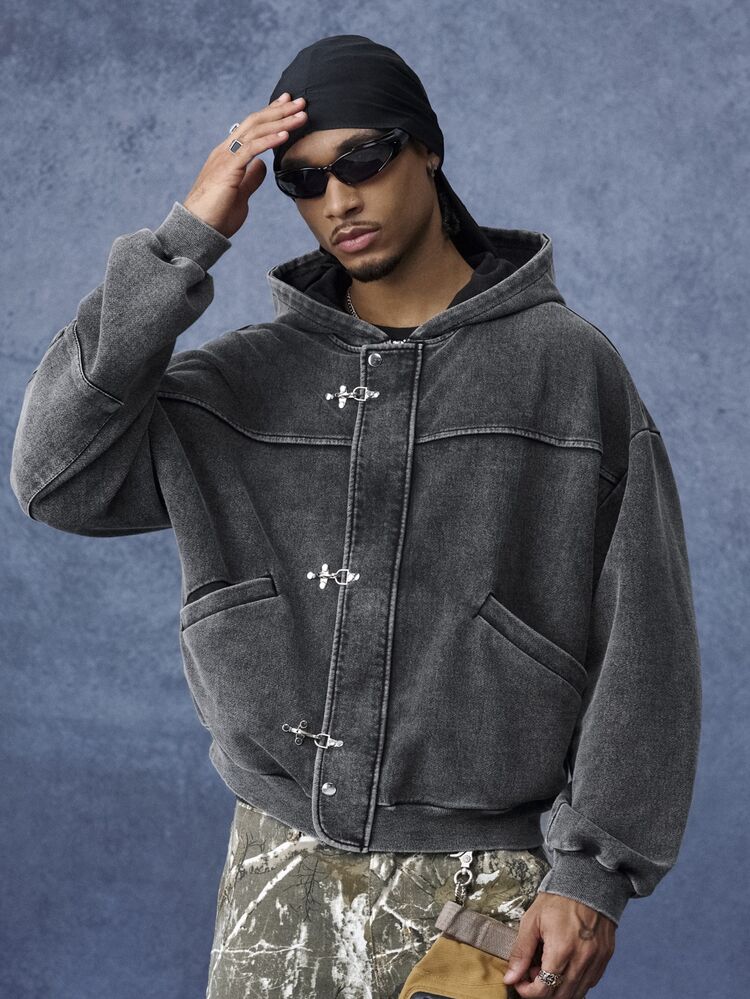 PAVTROS Men's Washed Distressed Metal Hard-Edged Cargo Style Hooded Sweatshirt, Dark Cleanfit Washed Cargo Style + Functional Vintage High Street Style, Minimalist Vintage Distressed Knit Jacket, Unisex Couple Wear, Holiday Gift - Black - View 6
