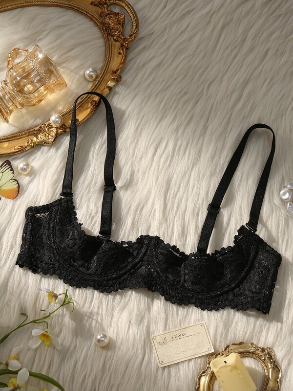 SHEIN Women's Black 1/4 Cup Half Cup Push-Up Underwire Lace Bra, Sexy Cleavage-Enhancing Bra For Small Chest, 1pc
