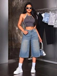SHEIN ICON 女款時尚鈕扣口袋寬鬆牛仔七分褲 - 藍色 - 查看 4