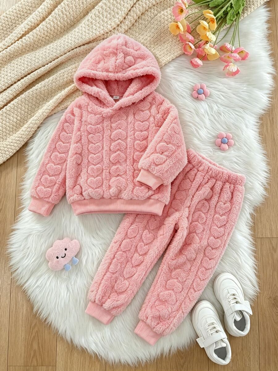 Elladie kids 女童冬季愛心毛絨連帽衛衣與運動長褲兩件套 - 粉色 - 查看 1