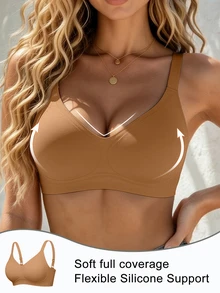 SHEIN 1件女款簡約舒適無縫果凍膠無鋼圈內衣，可拆卸胸墊 - 棕色 - 查看 4