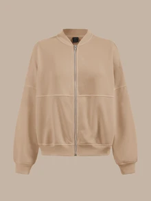 SHEIN BASICS 休閒純色針織立領長袖寬鬆女款夾克 秋冬服飾 - 杏色 - 查看 3