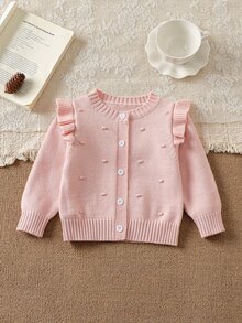 SHEIN Elladie kids 女嬰開襟針織圓領開衫毛衣，純色粉色，甜美田園風，優雅可愛舒適簡約，百搭休閒時尚，適合秋冬冬季、旅行、戶外玩耍、運動、上學、野餐 - 粉色 - 查看 1