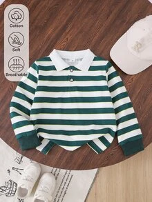 SHEIN 小男孩休閒牛仔復古極簡韓風時尚翻領鈕扣POLO領白色長袖衛衣上衣 秋季生日 - 彩色 - 查看 3