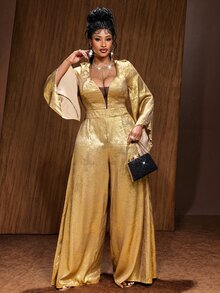 Maweii Plus Size Women's Metallic Texture Bell Sleeve Wide Leg Jumpsuit - Gold - View 3