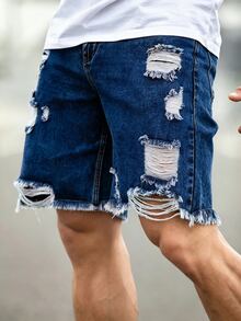 Slateforde Loose Fit Men's Cotton Ripped Frayed Raw Trim Denim Shorts - Dark Wash - View 5