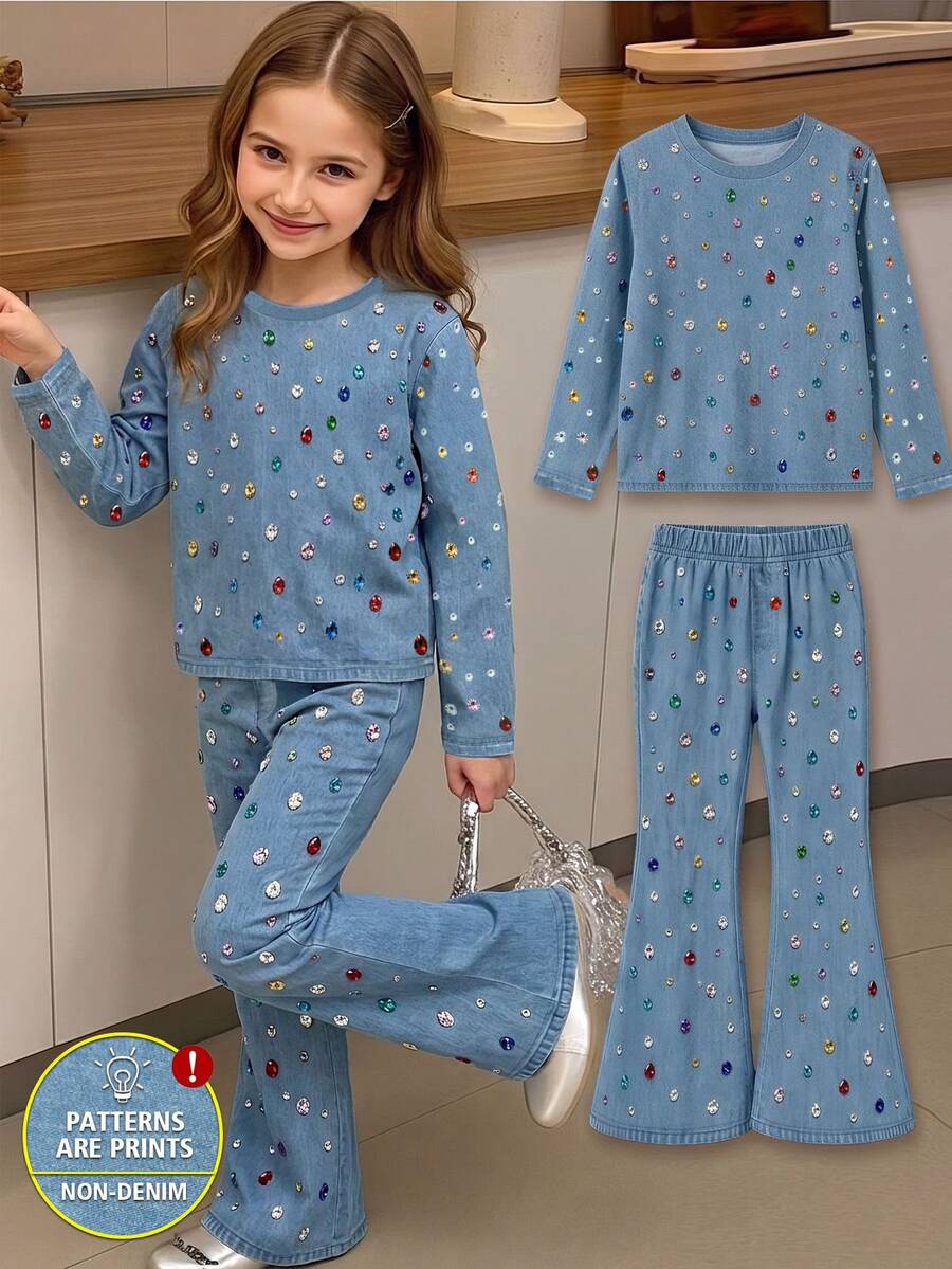 SHEIN Casuvi Kids Tween女孩春/秋長袖上衣與喇叭褲2件套,淺牛仔藍全身上飾彩色水鑽,牛仔效果柔軟面料,搭配鬆緊腰喇叭褲,甜美酷感精緻少女風套裝,適合日常穿著、學校活動與假期 - 彩色 - 查看 1