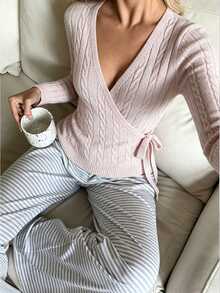 Autumina Pink Cable Knit V-Neck Tie-Front Fashion Simple Versatile Commute Elegant Cardigan For Women - Baby Pink - View 6