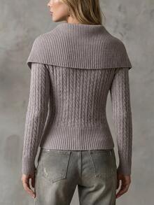 SHEIN Sweater Pullover Rajut Kabel Pas Badan Wanita, Elegan, Canggih, dan Romantis, Cocok untuk Pemakaian Sehari-hari, Kencan, dan Perjalanan. - Volcanic Gray - View 2