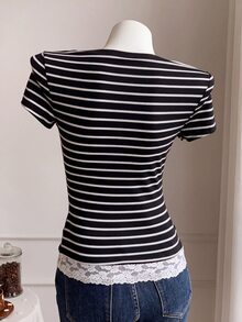 Comfortcana Women's Lace Patchwork Striped Button Half-Placket T-Shirt - Black - View 2