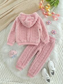 Elladie kids 女童冬季愛心毛絨連帽衛衣與運動長褲兩件套 - 粉色 - 查看 2