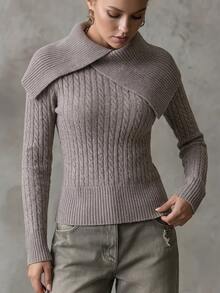 SHEIN Sweater Pullover Rajut Kabel Pas Badan Wanita, Elegan, Canggih, dan Romantis, Cocok untuk Pemakaian Sehari-hari, Kencan, dan Perjalanan. - Volcanic Gray - View 6