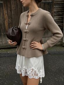 SHEIN PariChic Women's Autumn/Winter Round Neck Long Sleeve Cardigan With Chinese Frog Button Design, Ruffle Trim, Slim Fit Knit Sweater Top Jacket, Casual Fashion Elegant, Suitable For Daily Commute, Tea Party, Shopping - Apricot - View 7