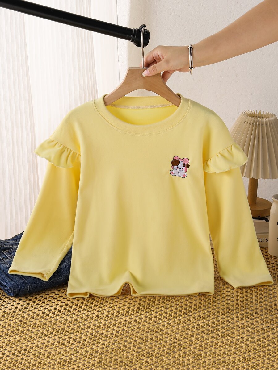 Casuvi Kids Girls' Spring/Autumn New Long Sleeve T-Shirt, Cute Cartoon Print, Korean Style Versatile Base Layer Top - Yellow - View 1