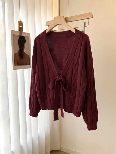 GlowEve CURVE Plus Size Women's Autumn/Winter Gentle Holiday Style Long Sleeve Solid Burgundy Cable Knit Cardigan With Bow, Suitable For Casual Daily Wear And Other Occasions