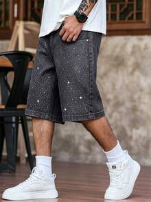 Manfinity EMRG Men's Loose Fit Rhinestone Embellished Denim Wide Leg Shorts With Pockets - Light Grey - View 4