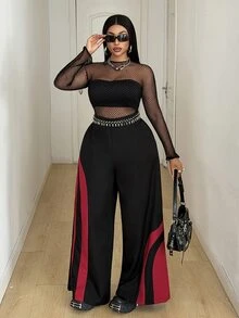 Maweii Celana Panjang Wanita Ukuran Besar Motif Patchwork Warna Kontras untuk Halloween, Celana Panjang Longgar dengan Potongan Lebar, Cocok untuk Acara Makan Malam Formal Musim Gugur, Warna Hitam Elegan - Hitam - View 6