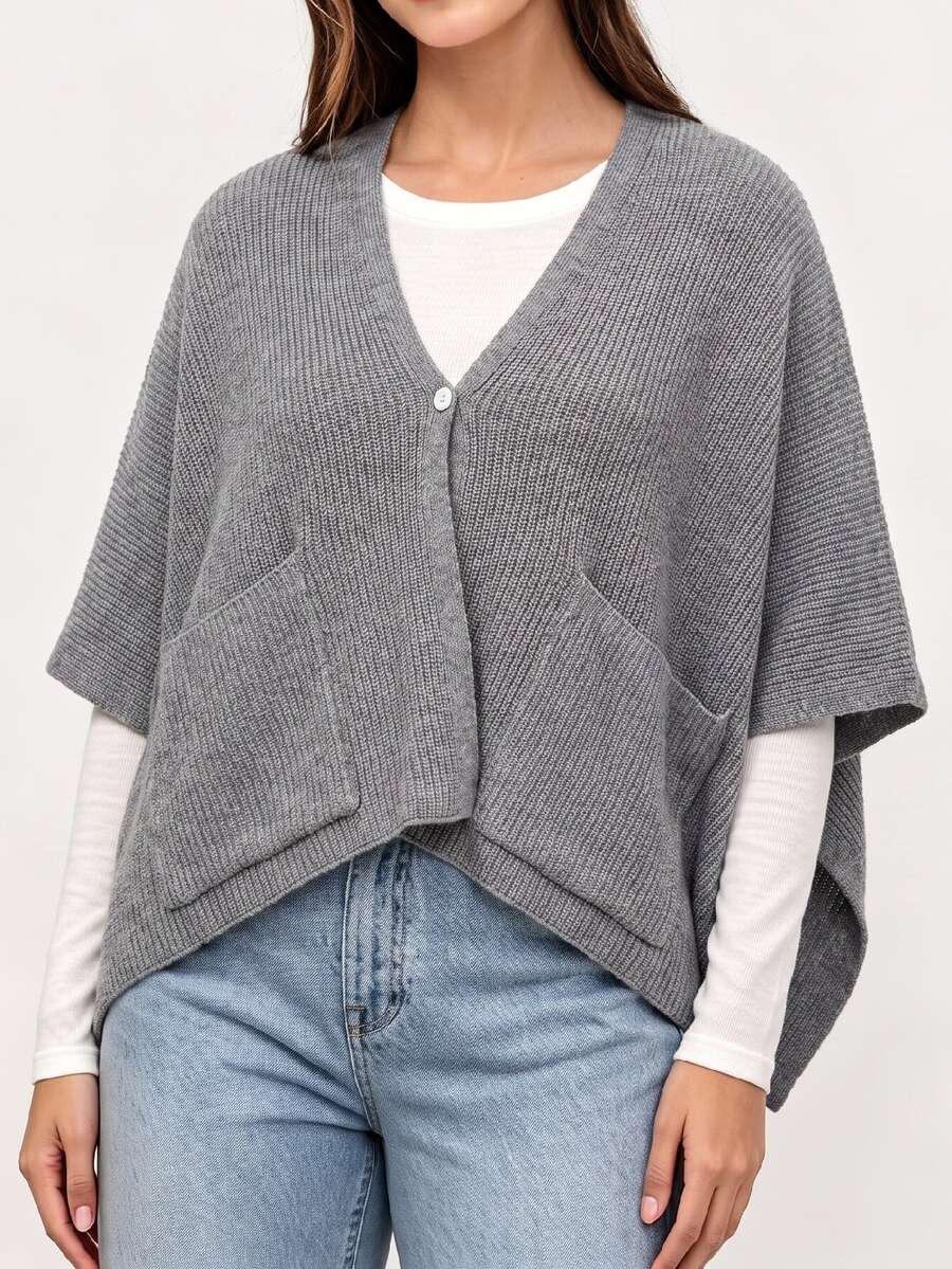 EMERY ROSE Plus Size Women's Autumn/Winter V-Neck Cardigan, Fashionable Versatile Grey Loose Fit Shawl Sleeve, Suitable For Daily, Casual, Streetwear And Other Occasions - Grey - View 1