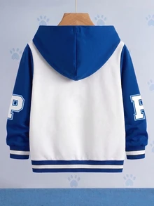 SHEIN | PAW Patrol 小男孩白色與藍色拼接卡通小狗印花寬鬆版型春秋運動連帽衛衣 - 藍色 - 查看 2