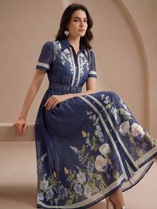 Anewsta Spring/Summer Navy Blue Premium Position Print Shirt-Style Tie-Front Short Sleeve Long Dress For Women - Navy Blue - View 1