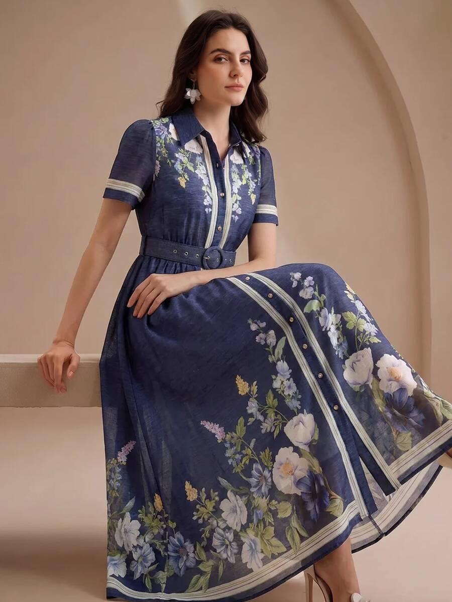 Anewsta Spring/Summer Navy Blue Premium Position Print Shirt-Style Tie-Front Short Sleeve Long Dress For Women - Navy Blue - View 1