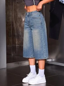 SHEIN ICON 女款時尚鈕扣口袋寬鬆牛仔七分褲 - 藍色 - 查看 6