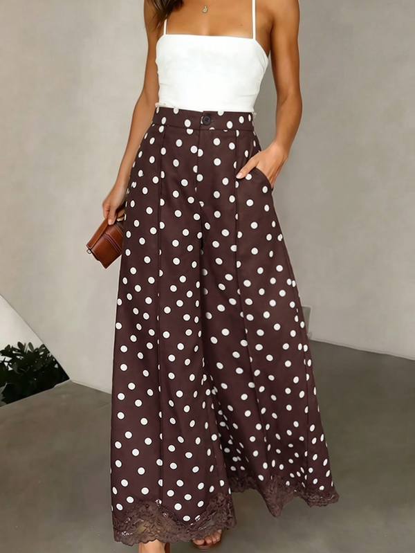SHEIN PariChic Women's Brown Polka Dot Lace Hem Wide Leg Pants: Vintage High Waist Trousers For Spring, Fall, Offic