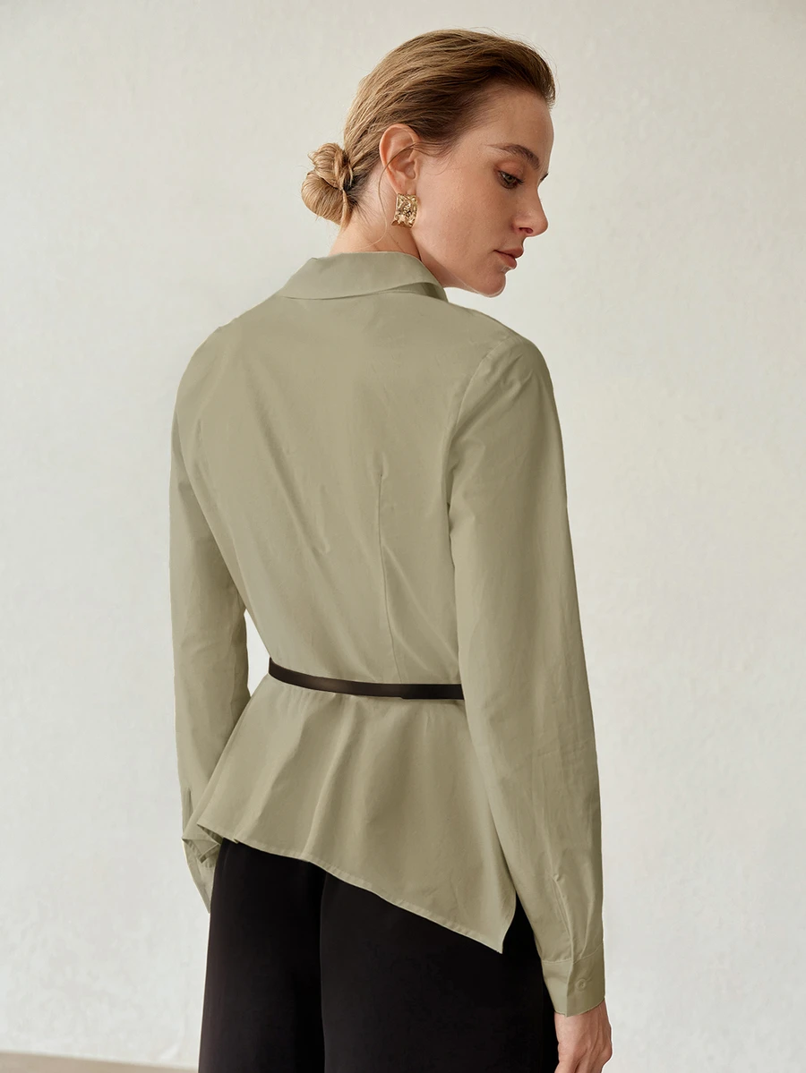 MOTF PREMIUM FASHIONABLE ELEGANT PURE COTTON SINGLE-BREASTED SPLIT HEM ASYMMETRIC DESIGN LONG SLEEVE BELT DECOR WOMEN'S LAPEL SHIRT - Khaki - View 2