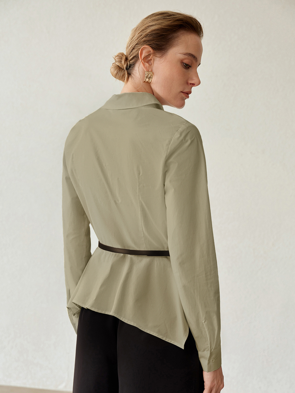 MOTF FASHIONABLE ELEGANT PURE COTTON SINGLE-BREASTED SPLIT HEM ASYMMETRIC DESIGN LONG SLEEVE BELT DECOR WOMEN'S LAPEL SHIRT