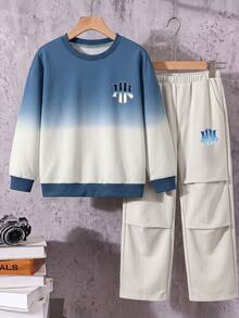 Casuvi Kids 男童秋冬兩件式運動衫套裝，藍白漸層圓領上衣搭配藍白工裝寬腿長褲，圖案校園風 - 彩色 - 查看 3