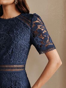 Anewsta New Party Summer Vacation Outfit Round Neck Short Sleeve Hollow Patchwork A-Line Skirt Exquisite Water-Soluble Lace Holiday Gathering Afternoon Tea Elegant Women's Dress - Navy Blue - View 5