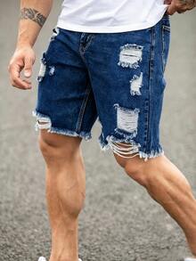 Slateforde Loose Fit Men's Cotton Ripped Frayed Raw Trim Denim Shorts - Dark Wash - View 3