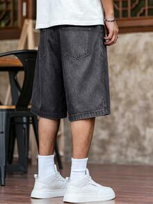 Manfinity EMRG Men's Loose Fit Rhinestone Embellished Denim Wide Leg Shorts With Pockets - Light Grey - View 2