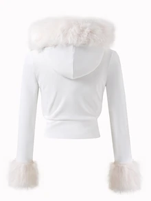 SHEIN Sparklyn 青少年女孩秋季套裝，學院風，字母印花，美式校園氛圍，Citywalk，街頭風，休閒校園運動風，休閒極簡寬鬆舒適連帽拉鍊毛領運動衫，適合秋冬，街頭風，修身版型 - 白色 - 查看 2