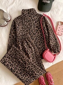 Tween Girls 2pcs Leopard Print Sweatshirt Set, Loose Collar Zip-Up Sweatshirt + Long Sweatpants, Fashionable Spring/Autumn/Winter New Arrival, Girls Outerwear Set - Multicolor - View 2