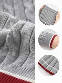SHEIN Girls' Autumn Preppy Embroidered Turn-Down Collar Cable Knit Sweater & Contrast Trim Pleated Skirt 2 Pieces Set - Light Grey - View 5