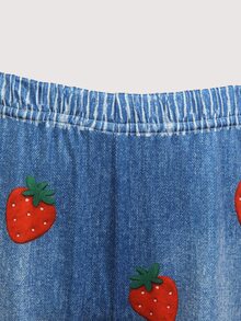 SHEIN Elladie kids 女童 2 件組草莓印花仿牛仔休閒套裝，包含運動衫 + 喇叭褲，兒童春夏秋冬休閒套裝 - 藍色 - 查看 7