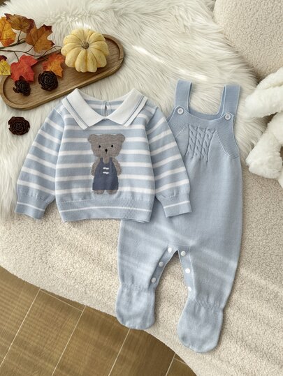 SHEIN Fashion Cute Baby Boys Knit Set, Bear Pattern Lapel Sweater Top & Footed Overalls