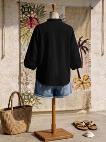 Rusticease Blus Kasual Liburan Ukuran Besar Warna Polos Lengan Lentera - Hitam - View 2
