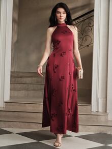 Anewsta Affair Retro Elegant Queen Halter Neck Cold Shoulder Long Dress, Matte Satin Sequin Embroidered Sleeveless Floral Waist-Cinching Wedding - Red Violet - View 5