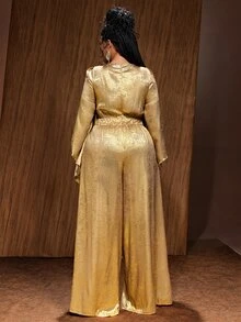 Maweii Plus Size Women's Metallic Texture Bell Sleeve Wide Leg Jumpsuit - Gold - View 6