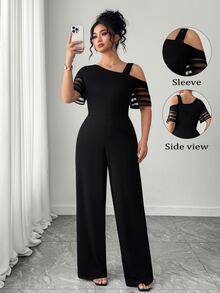 Selianne Women's Elegant One-Shoulder Short Sleeve Fitted Jumpsuit, Commute/Romantic/Vintage - Black - View 7