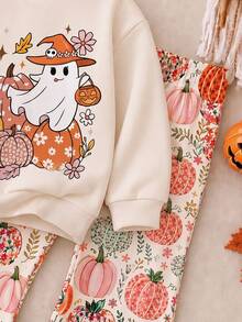 淺杏色可愛萬聖節復古田園風彩色小南瓜卡通小鬼圖案 Trick Or Treat 太可愛完全不恐怖 女孩休閒簡約圓領套頭衛衣＋喇叭褲兩件套 新款適合日常萬聖節、南瓜季、感恩節、秋季氛圍、家庭出遊 Boo! - 彩色 - 查看 4