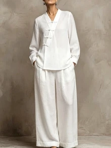 SHEIN Set Pakaian Wanita Gaya Retro Cina Terbaru dengan Kancing Katak / Atasan Berkerah Diagonal Bertekstur dengan Leher V & Celana Panjang Lebar Berlipit Kasual Minimalis 2 Potong - Putih - View 4